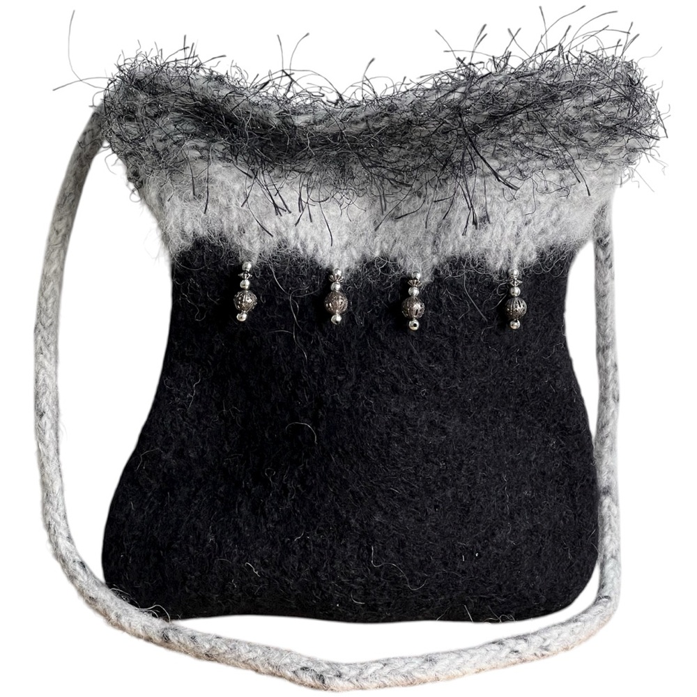 Embellished Wool Crossbody Bag Handcrafted Handmade Knit Beaded Eyelash Trim